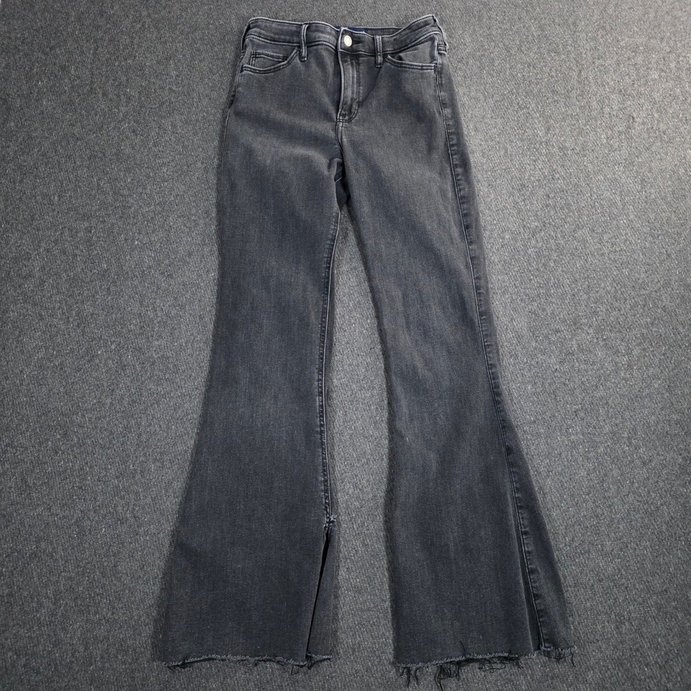 Hollister High-Rise Flare Jeans Juniors 5R W27 Black Soft‎ Stretch Raw Hem Slit